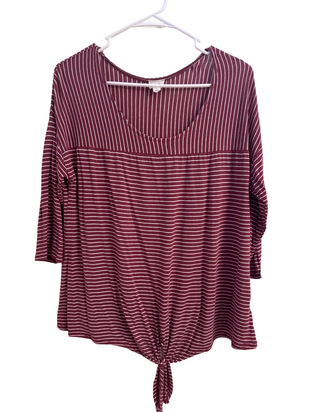 Emberley Burgundy Knit Striped Top Casual Knot Tie-Front 3/4 Sleeve Blouse L